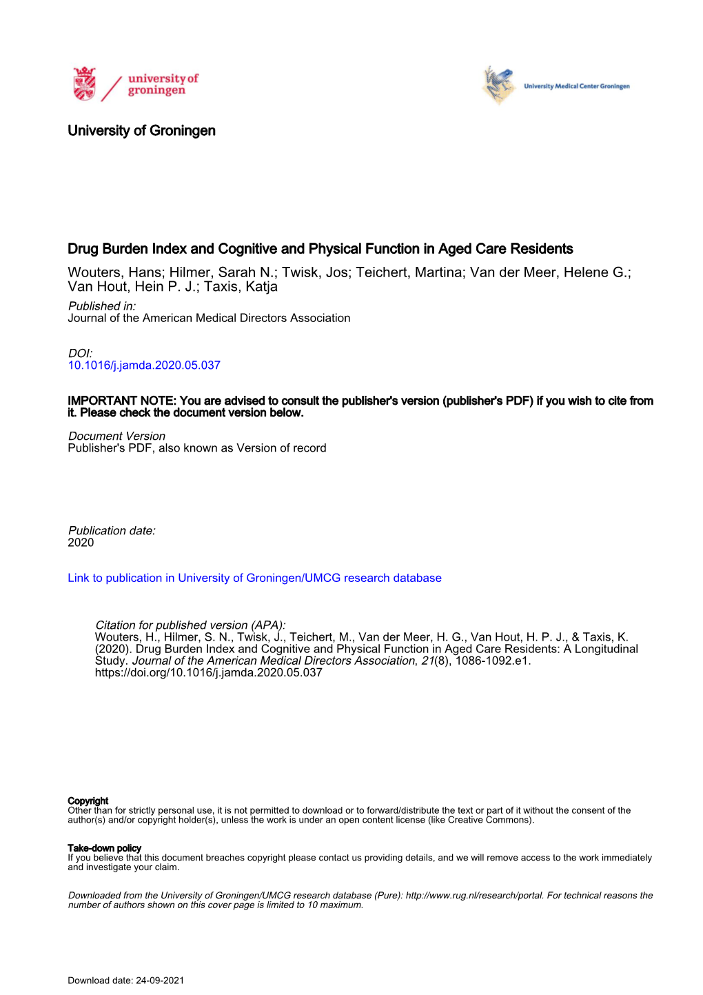 Drug Burden Index and Cognitive and Physical Function in Aged Care