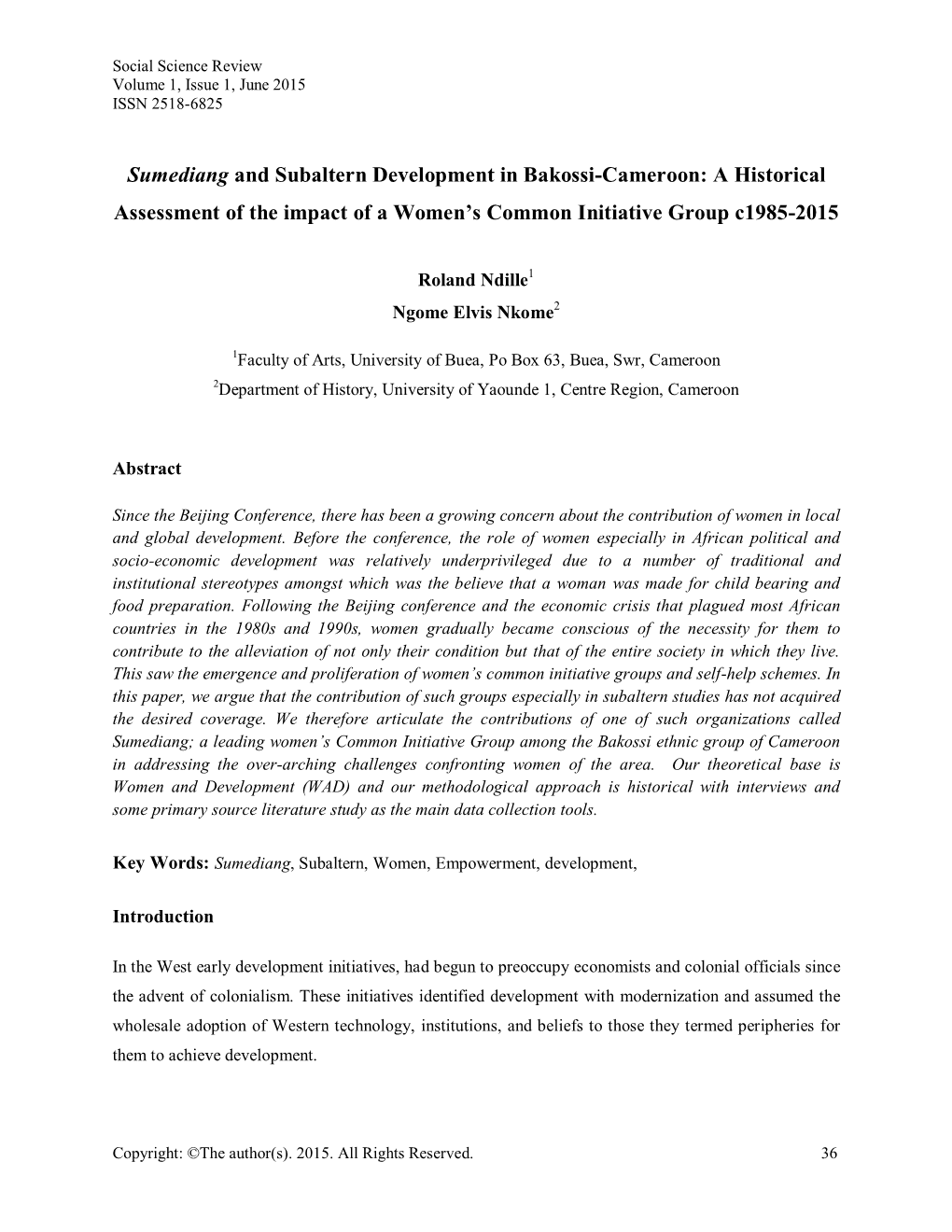 Sumediang and Subaltern Development in Bakossi-Cameroon: a Historical Assessment of the Impact of a Women’S Common Initiative Group C1985-2015