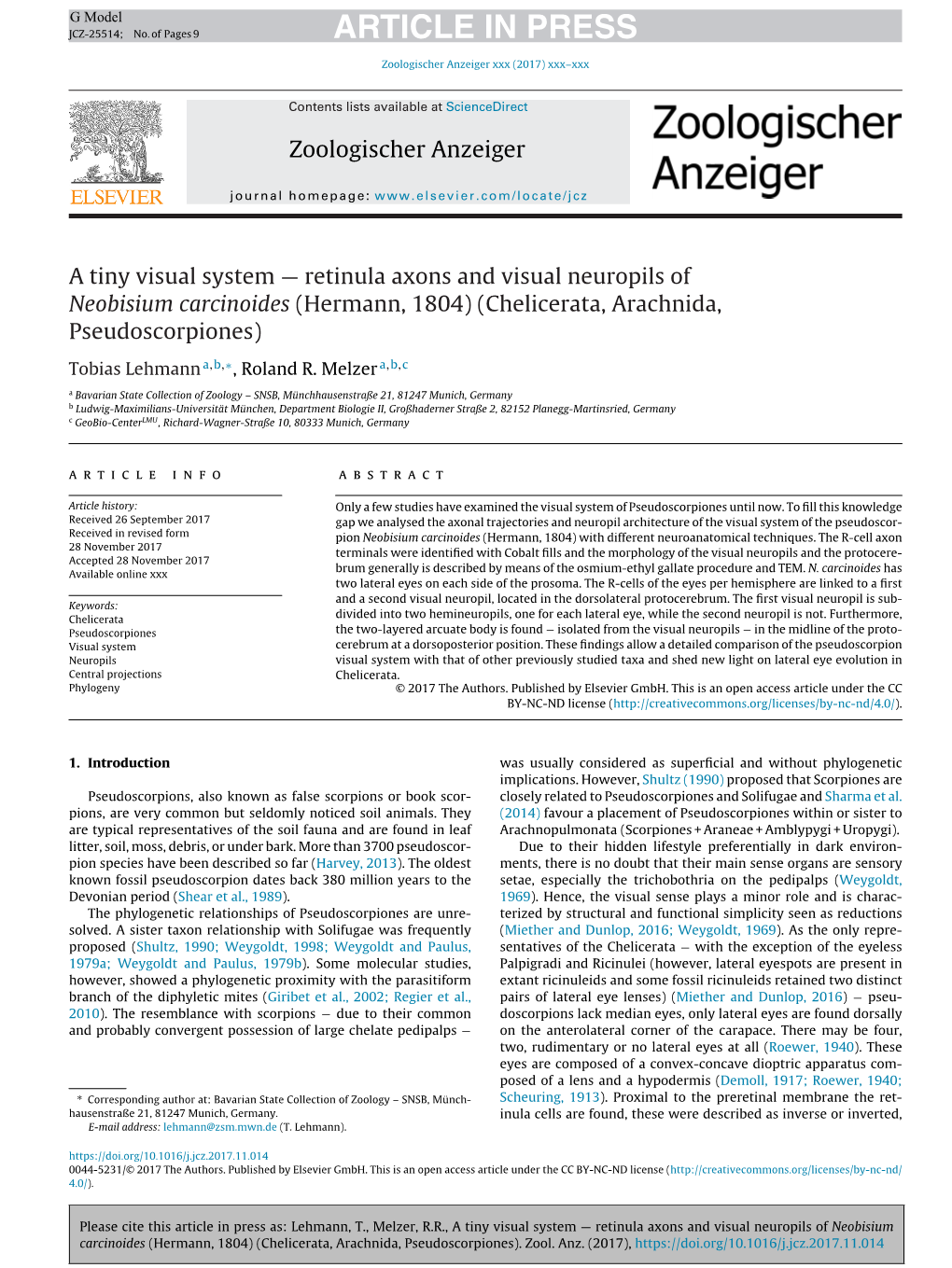 Retinula Axons and Visual Neuropils of Neobisium