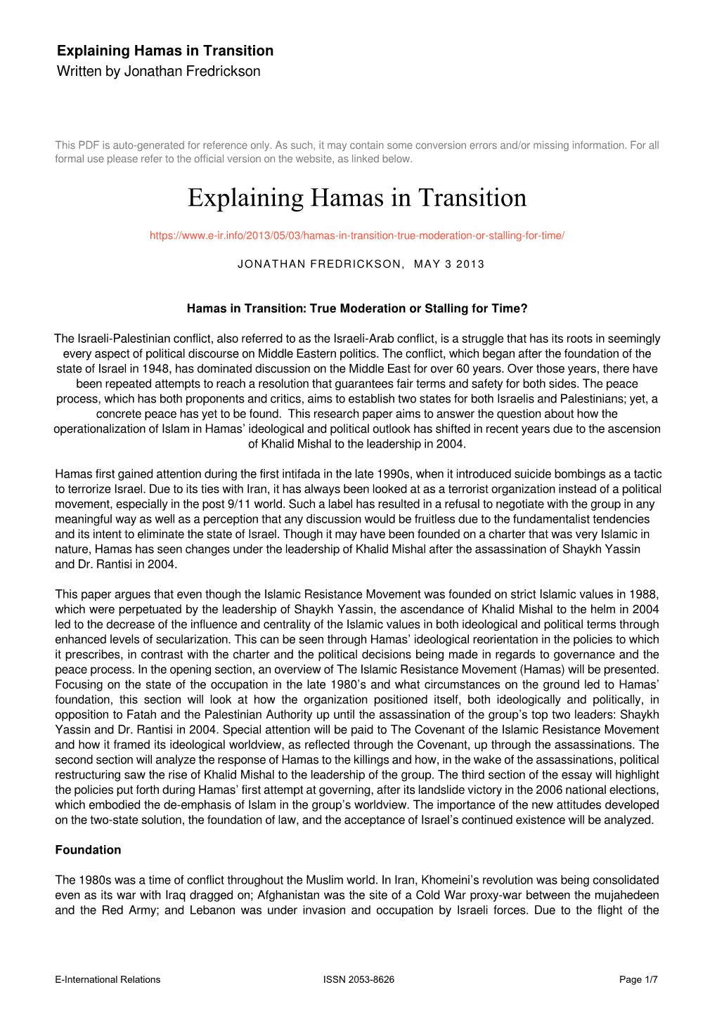 Explaining Hamas in Transition Written by Jonathan Fredrickson
