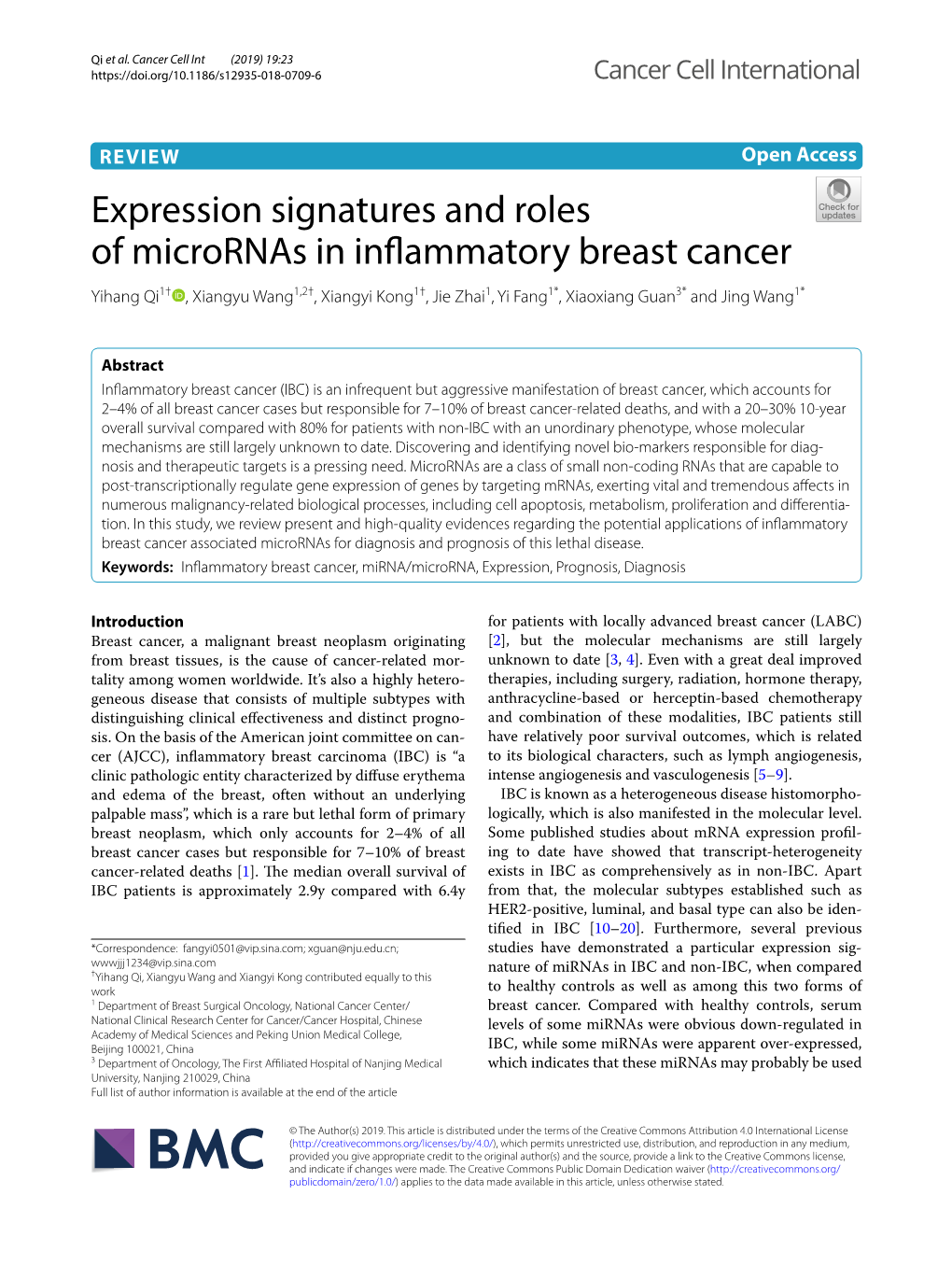 Expression Signatures and Roles of Micrornas in Inflammatory Breast