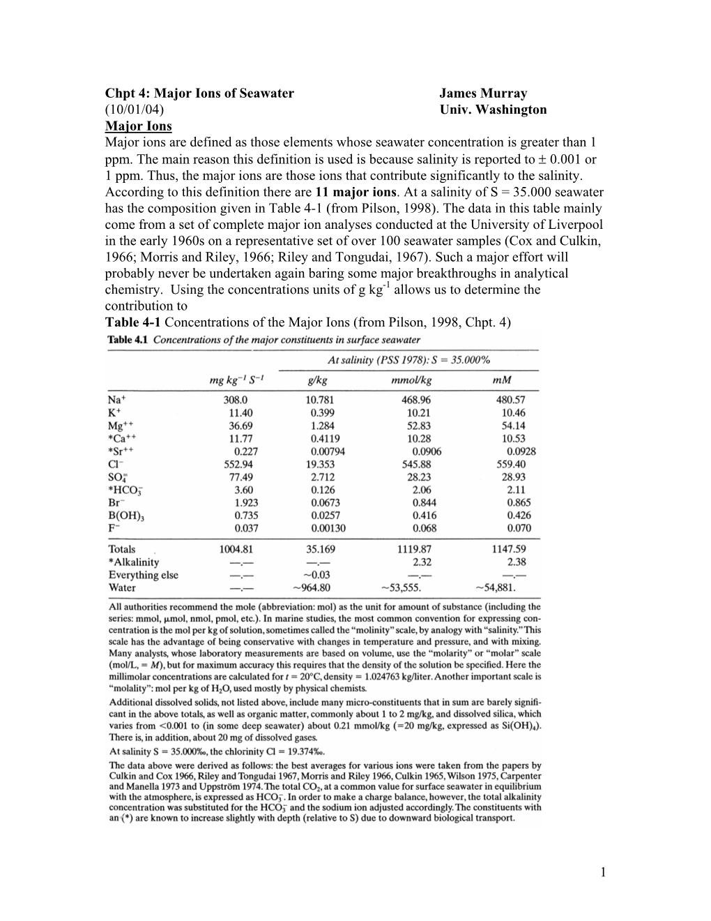 1 Chpt 4: Major Ions of Seawater James Murray (10/01/04)