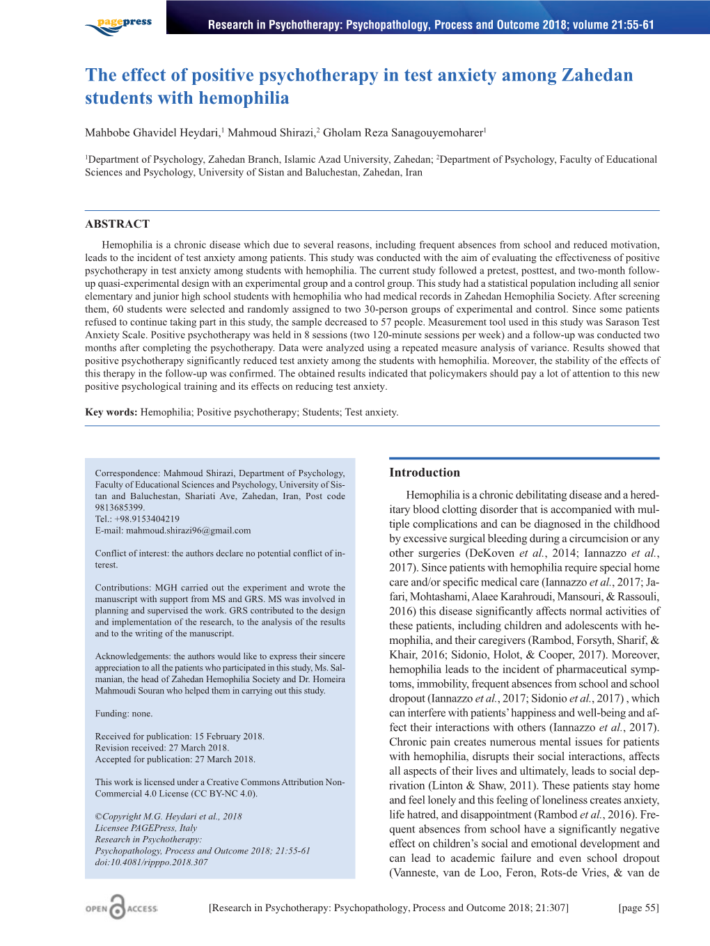 The Effect of Positive Psychotherapy in Test Anxiety Among Zahedan Students with Hemophilia