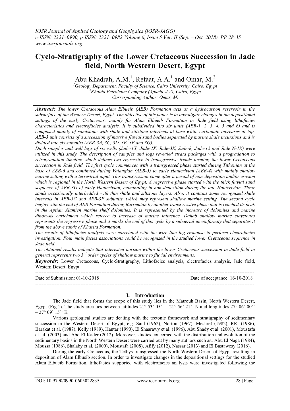 Cyclo-Stratigraphy of the Lower Cretaceous Succession in Jade Field, North Western Desert, Egypt