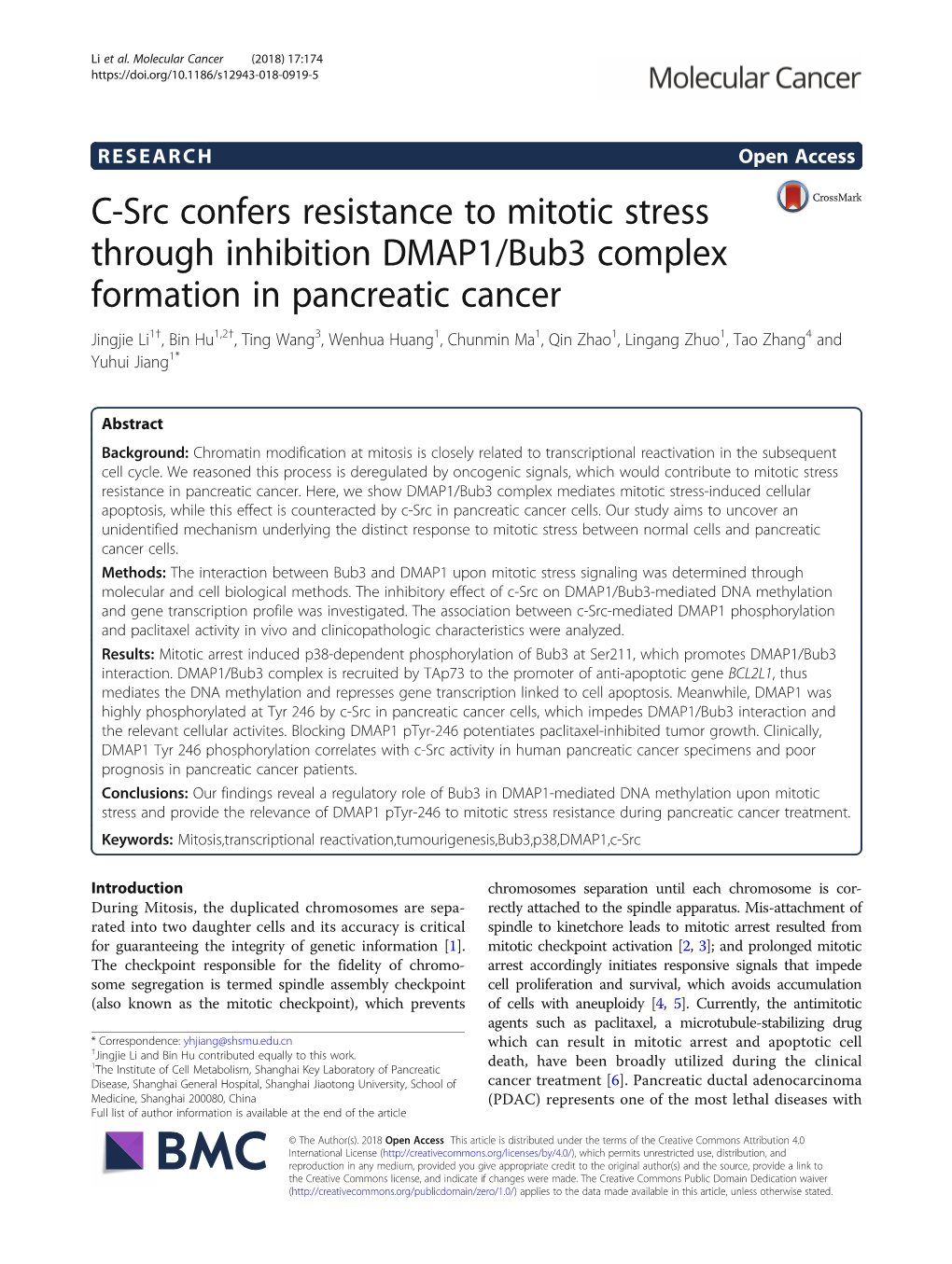 C-Src Confers Resistance to Mitotic Stress Through Inhibition DMAP1/Bub3 Complex Formation in Pancreatic Cancer