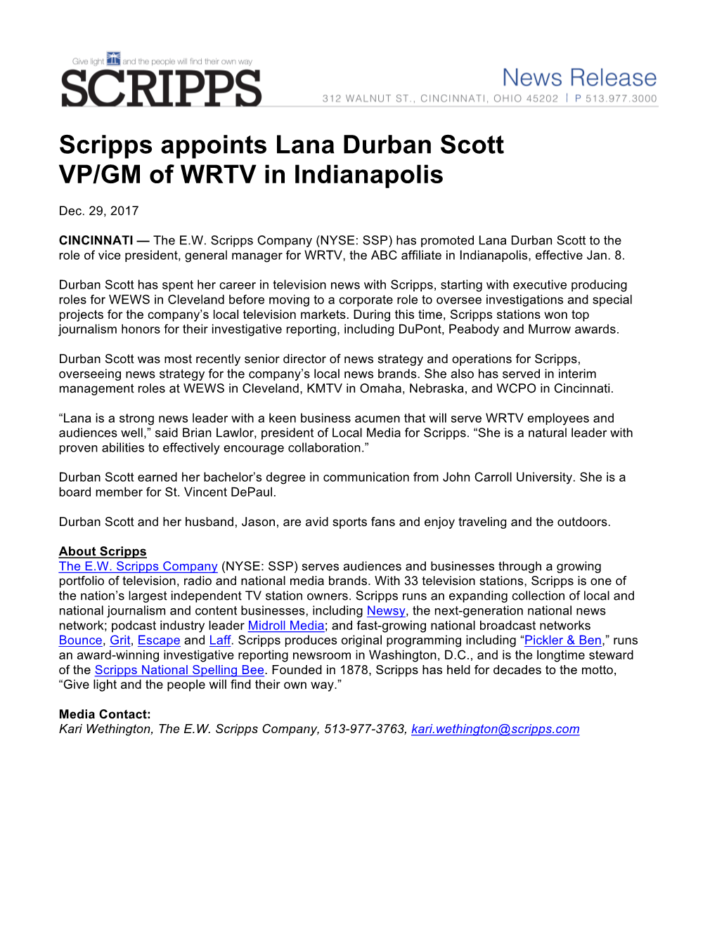 Scripps Appoints Lana Durban Scott VP/GM of WRTV in Indianapolis