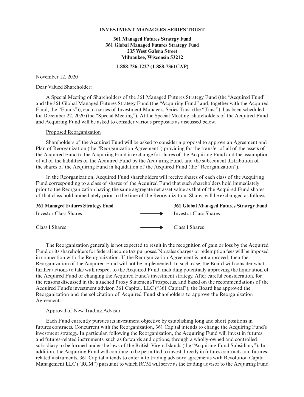 INVESTMENT MANAGERS SERIES TRUST 361 Managed Futures