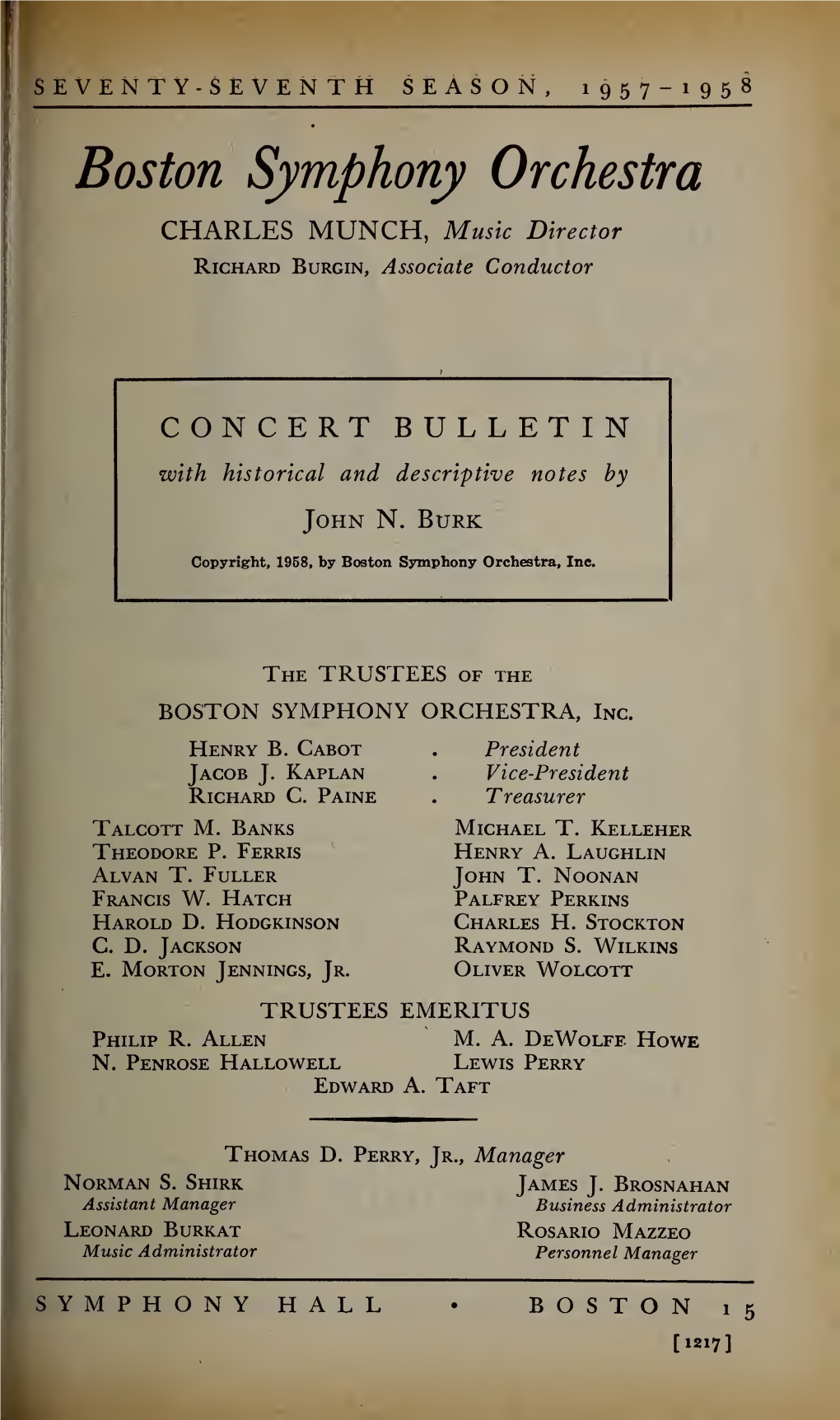 Boston Symphony Orchestra Concert Programs, Season 77, 1957-1958