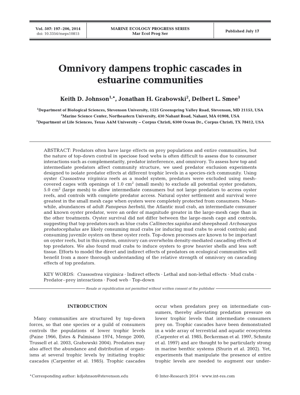 Omnivory Dampens Trophic Cascades in Estuarine Communities