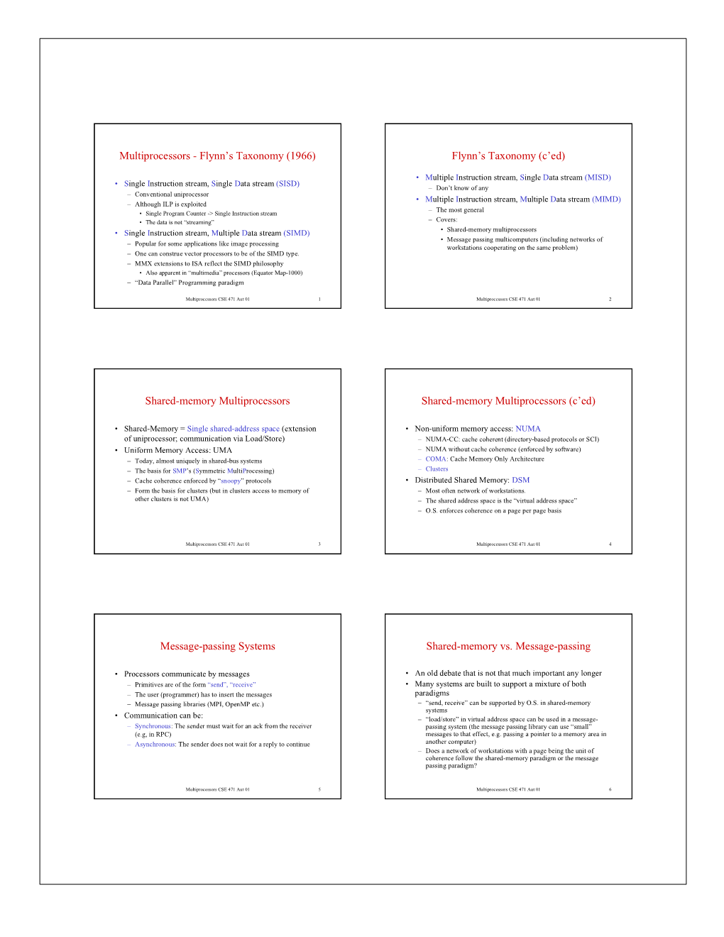 Multiprocessors - Flynn’S Taxonomy (1966) Flynn’S Taxonomy (C’Ed)