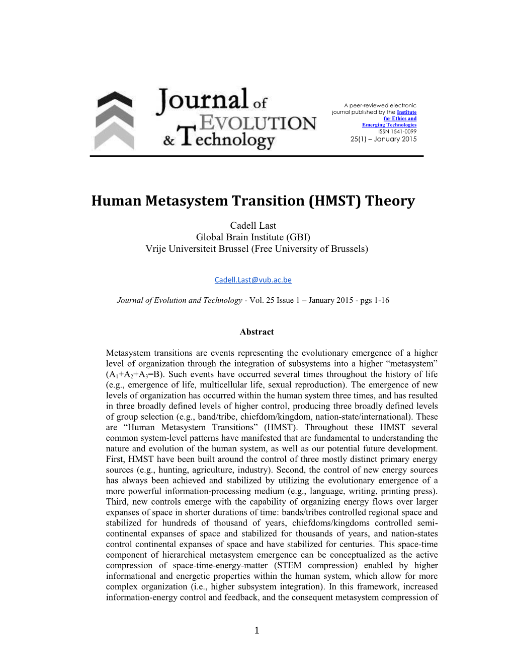 Human Metasystem Transition (HMST) Theory