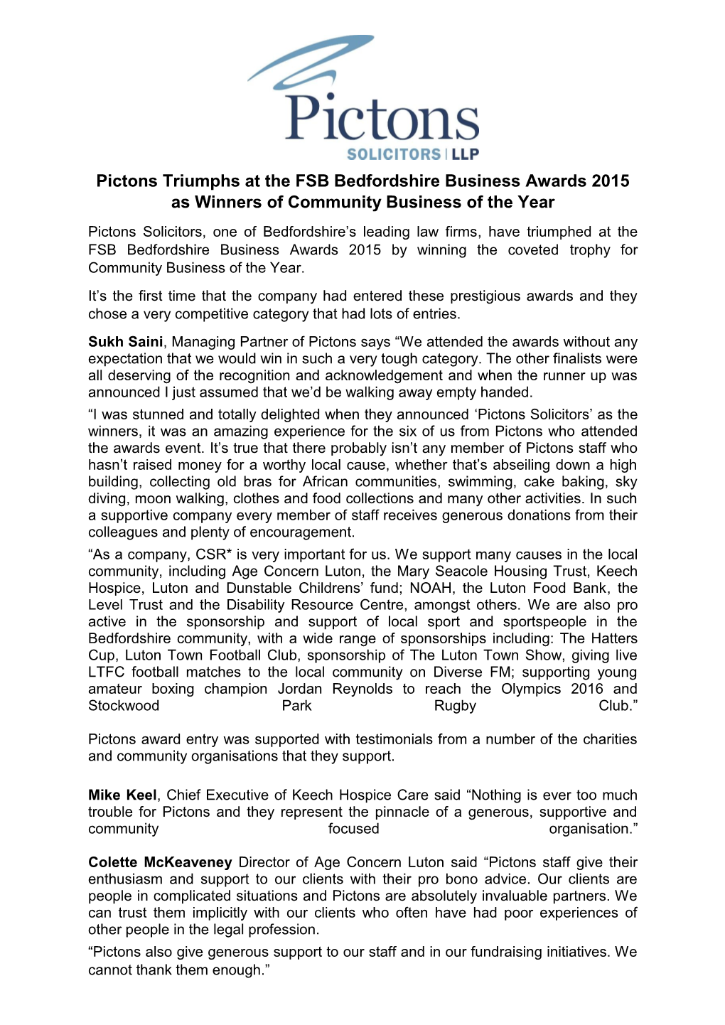 Pictons Triumphs at the FSB Bedfordshire Business Awards