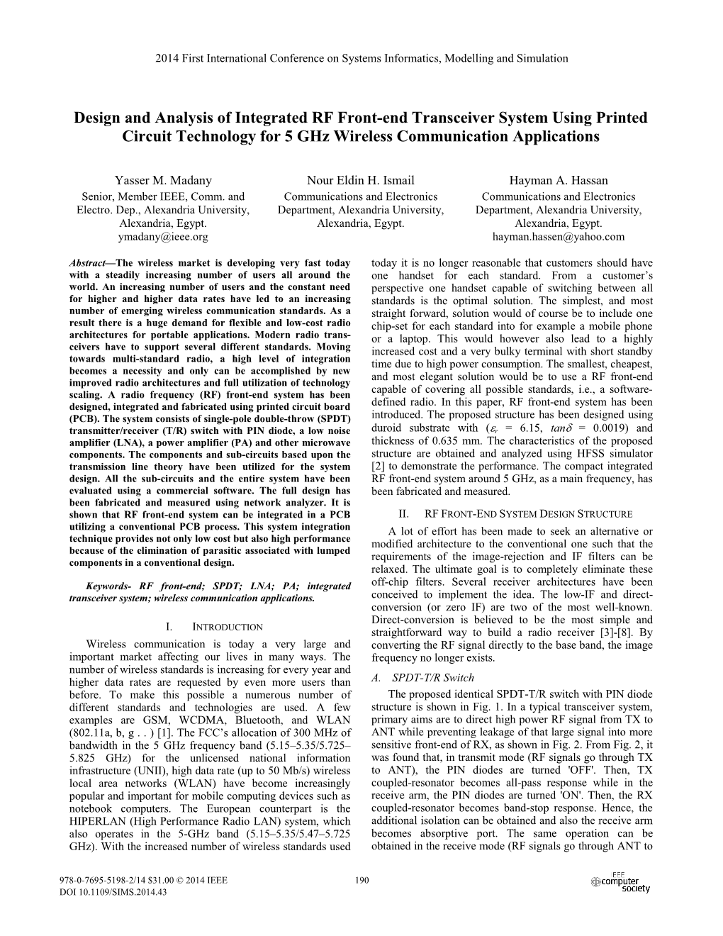 Design and Analysis of Integrated RF Front-End Transceiver System Using Printed Circuit Technology for 5 Ghz Wireless Communication Applications