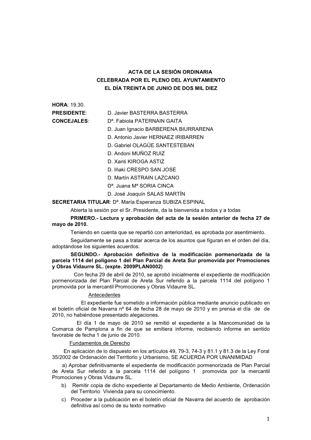 1 Acta De La Sesión Ordinaria Celebrada Por El