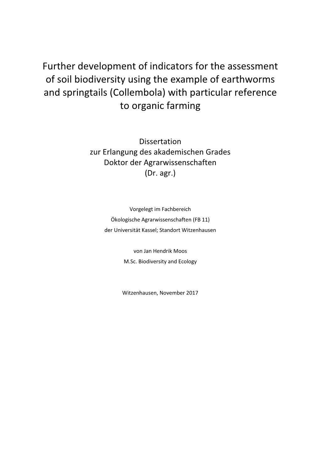 Further Development of Indicators for the Assessment of Soil