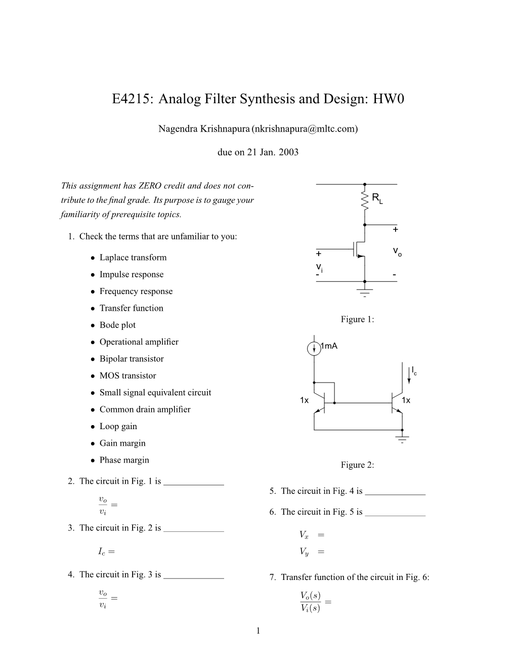 E4215: Analog Filter Synthesis and Design: HW0