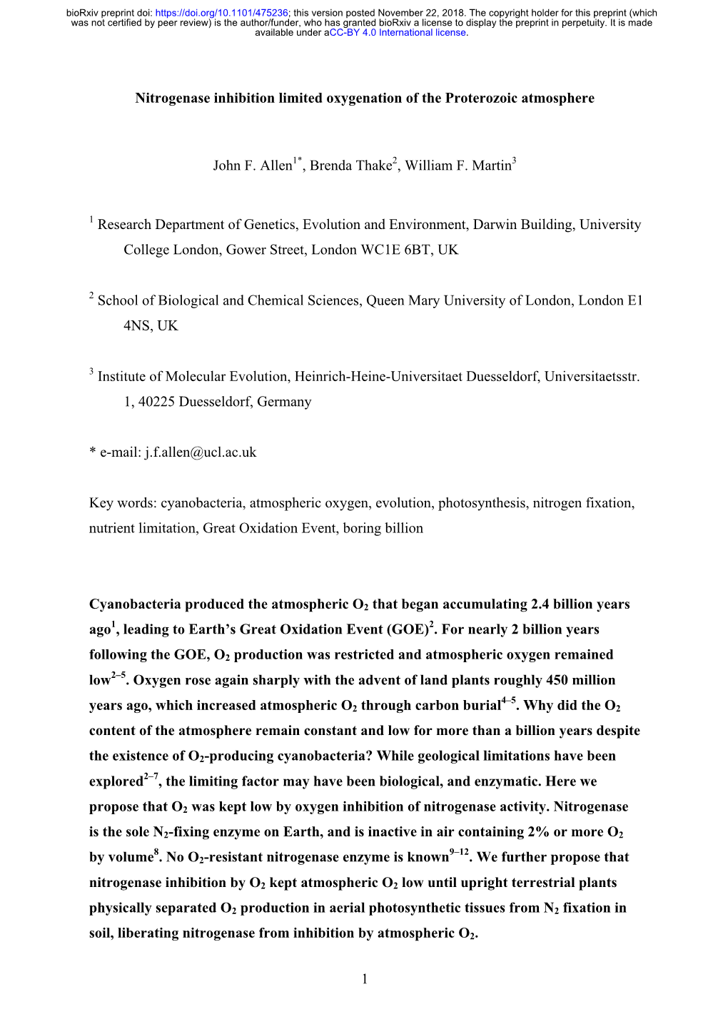 Nitrogenase Inhibition Limited Oxygenation of the Proterozoic Atmosphere