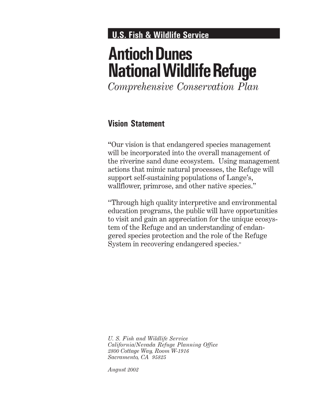 Antioch Dunes National Wildlife Refuge Comprehensive Conservation Plan