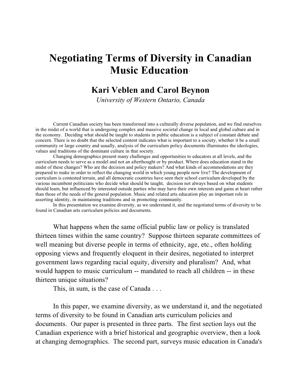 Negotiating Terms of Diversity in Canadian Music Education1