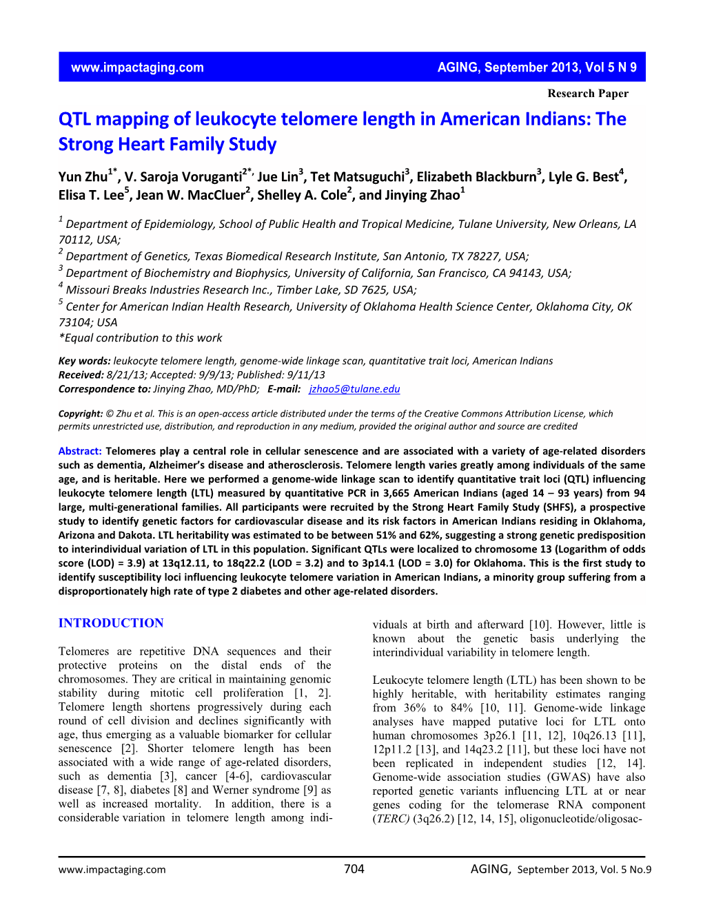 QTL Mapping of Leukocyte Telomere Length in American Indians: The