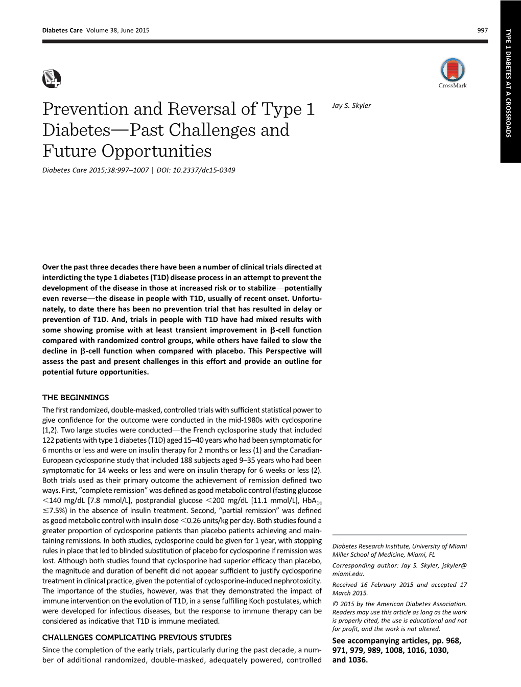 Prevention and Reversal of Type 1 Diabetesdpast Challenges and Future Opportunities