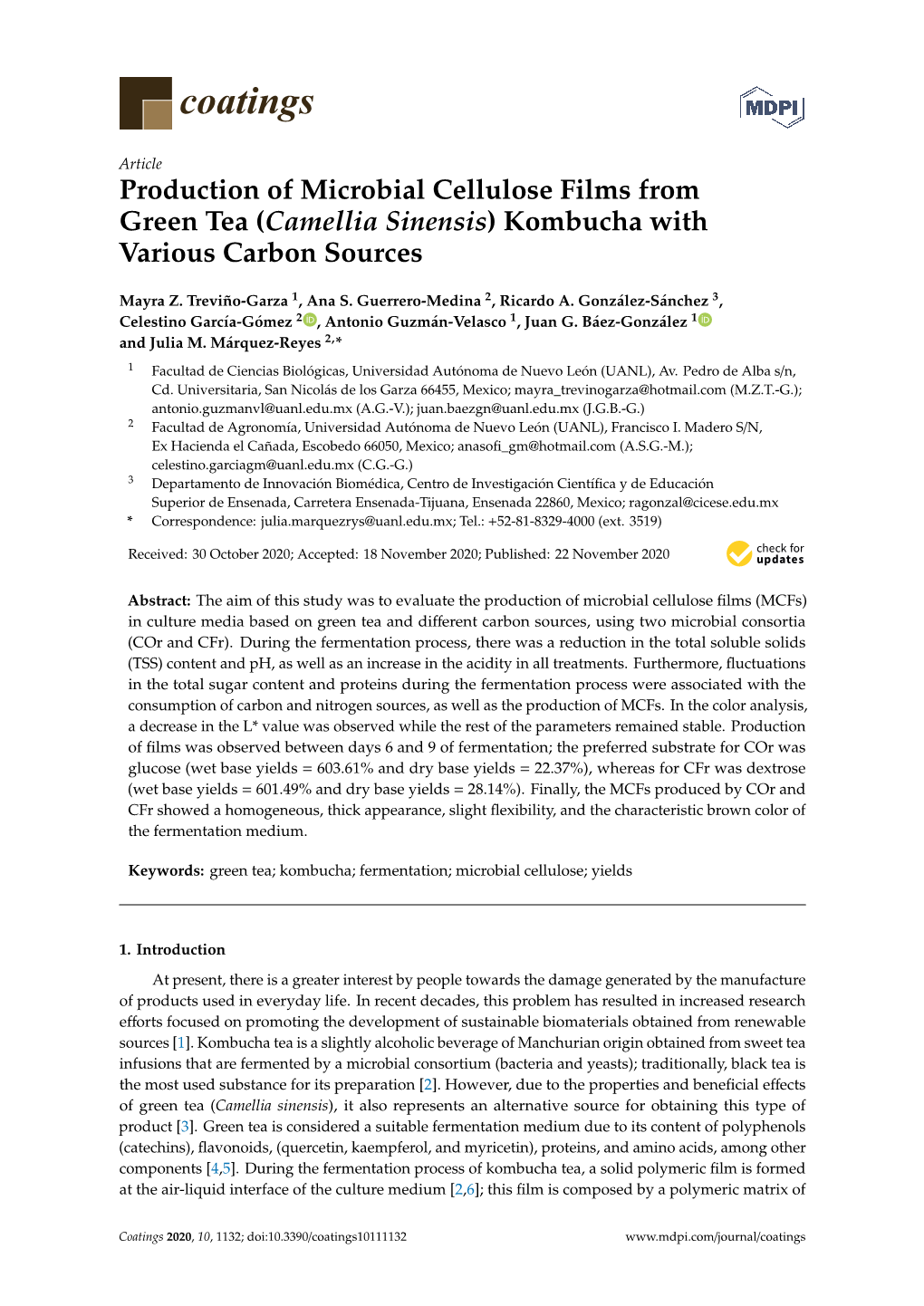 Production of Microbial Cellulose Films from Green Tea (Camellia Sinensis) Kombucha with Various Carbon Sources