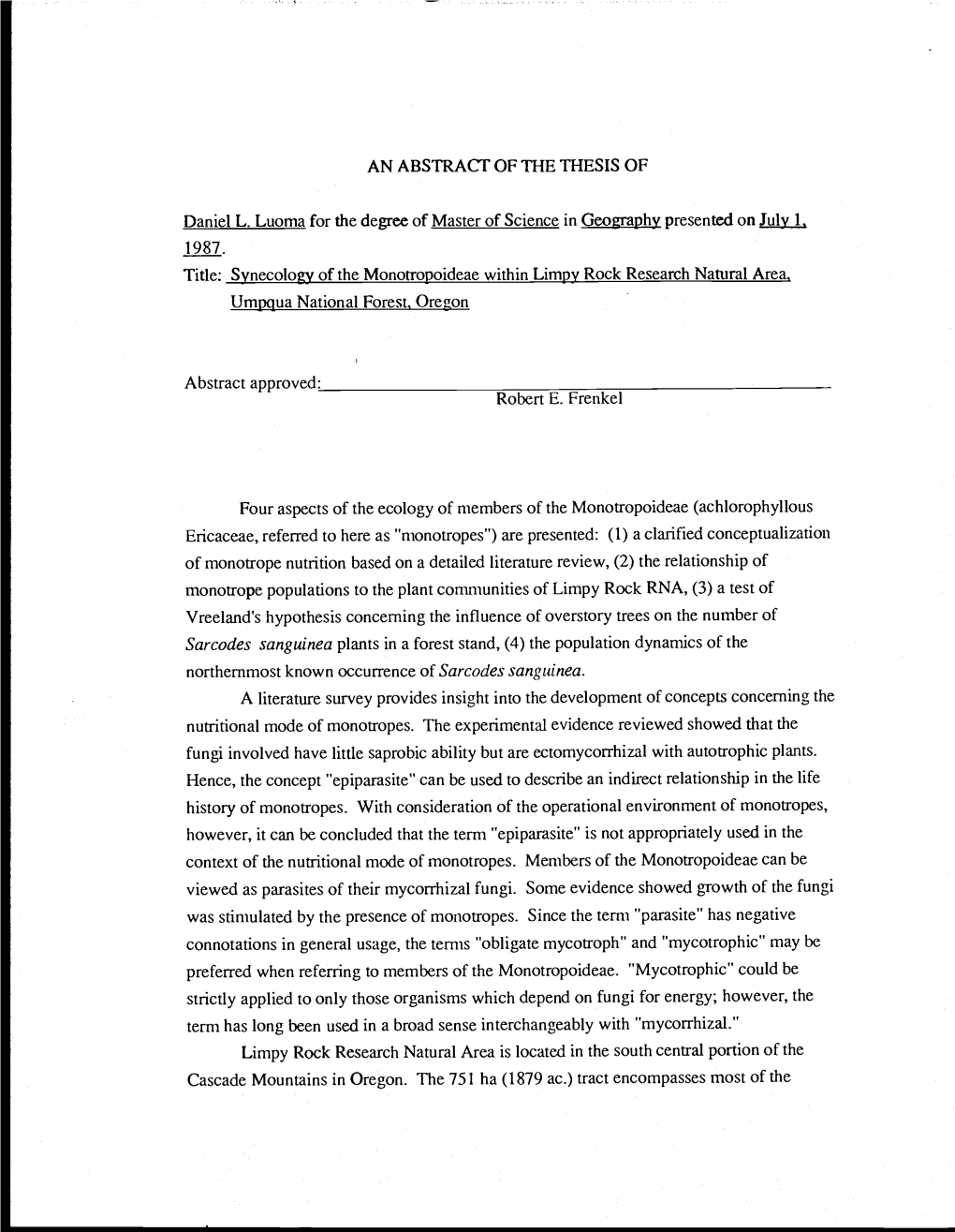 AN ABSTRACF of the THESIS of Daniel L. Luoma for the Degree of Master of Science in Geography Presented on July 1. Title: Syneco