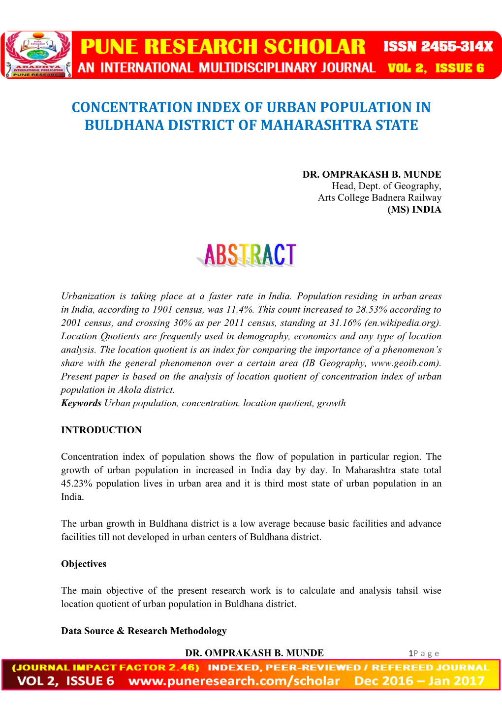 Concentration Index of Urban Population in Buldhana District of Maharashtra State