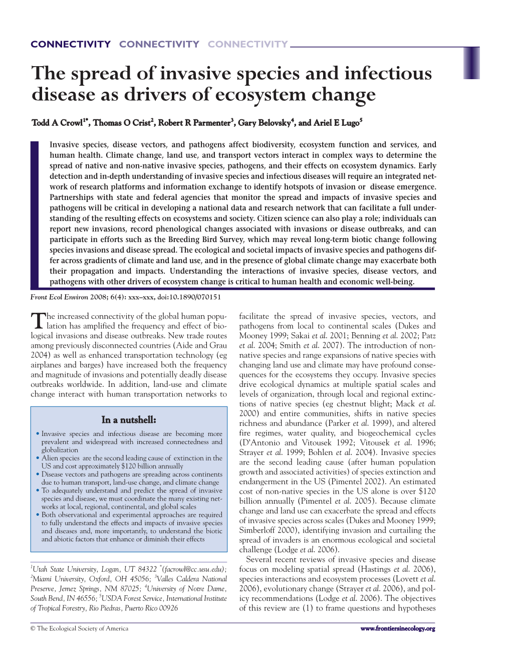 The Spread of Invasive Species and Infectious Disease As Drivers of Ecosystem Change