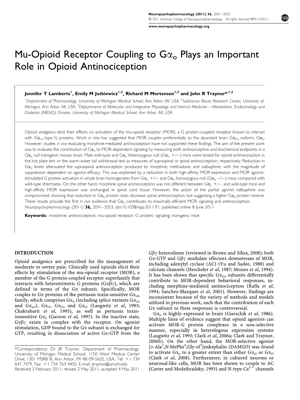 Mu-Opioid Receptor Coupling to Gαo Plays an Important Role in Opioid