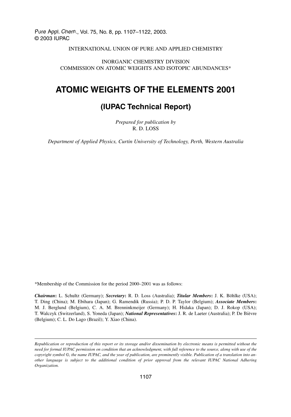 Atomic Weights of the Elements 2001