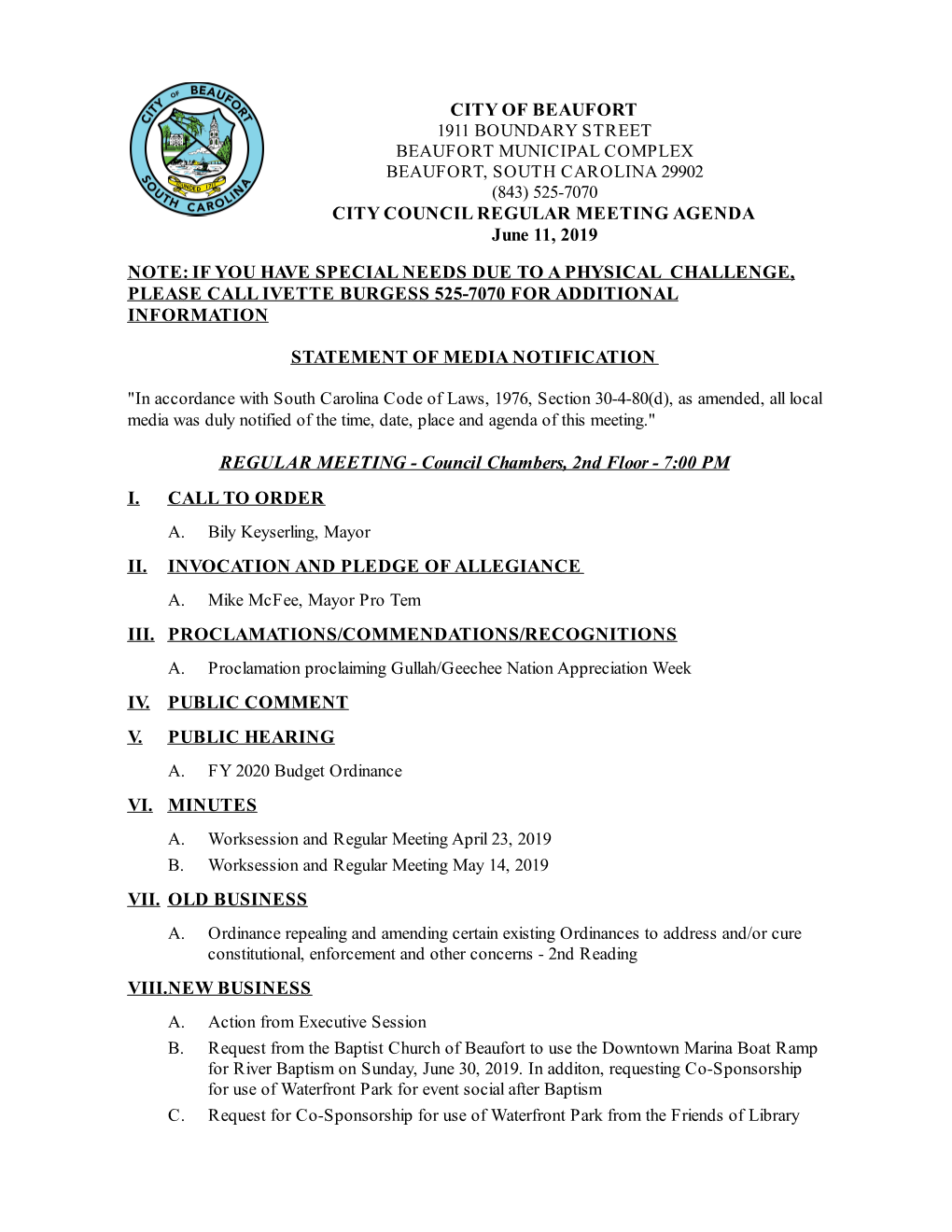 City of Beaufort City Council Regular Meeting Agenda