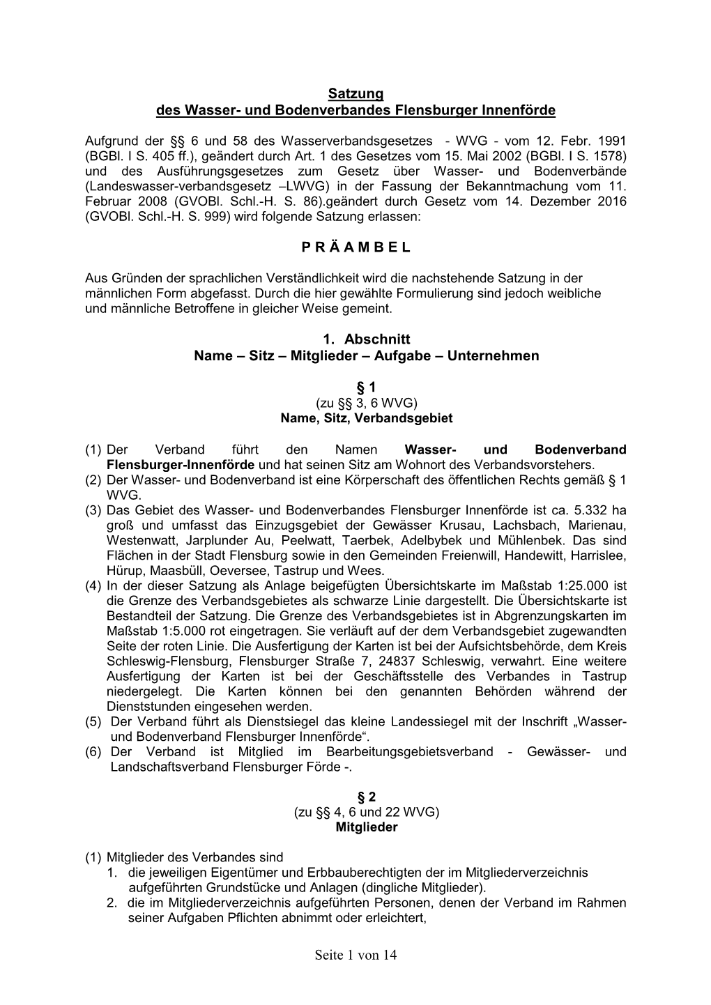 Seite 1 Von 14 Satzung Des Wasser- Und Bodenverbandes Flensburger