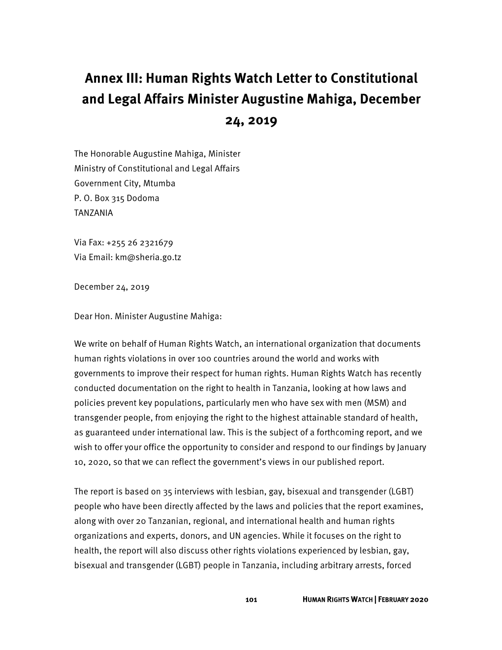 Annex III: Human Rights Watch Letter to Constitutional and Legal Affairs Minister Augustine Mahiga, December 24, 2019