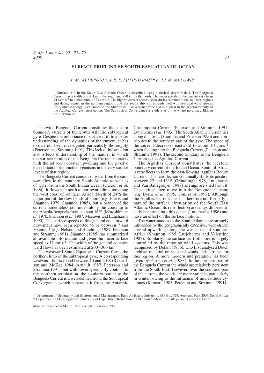 The Wide Benguela Current Constitutes the Eastern Circumpolar Current (Peterson and Stramma 1991, Boundary Current of the South Atlantic Subtropical Lutjeharms Et Al