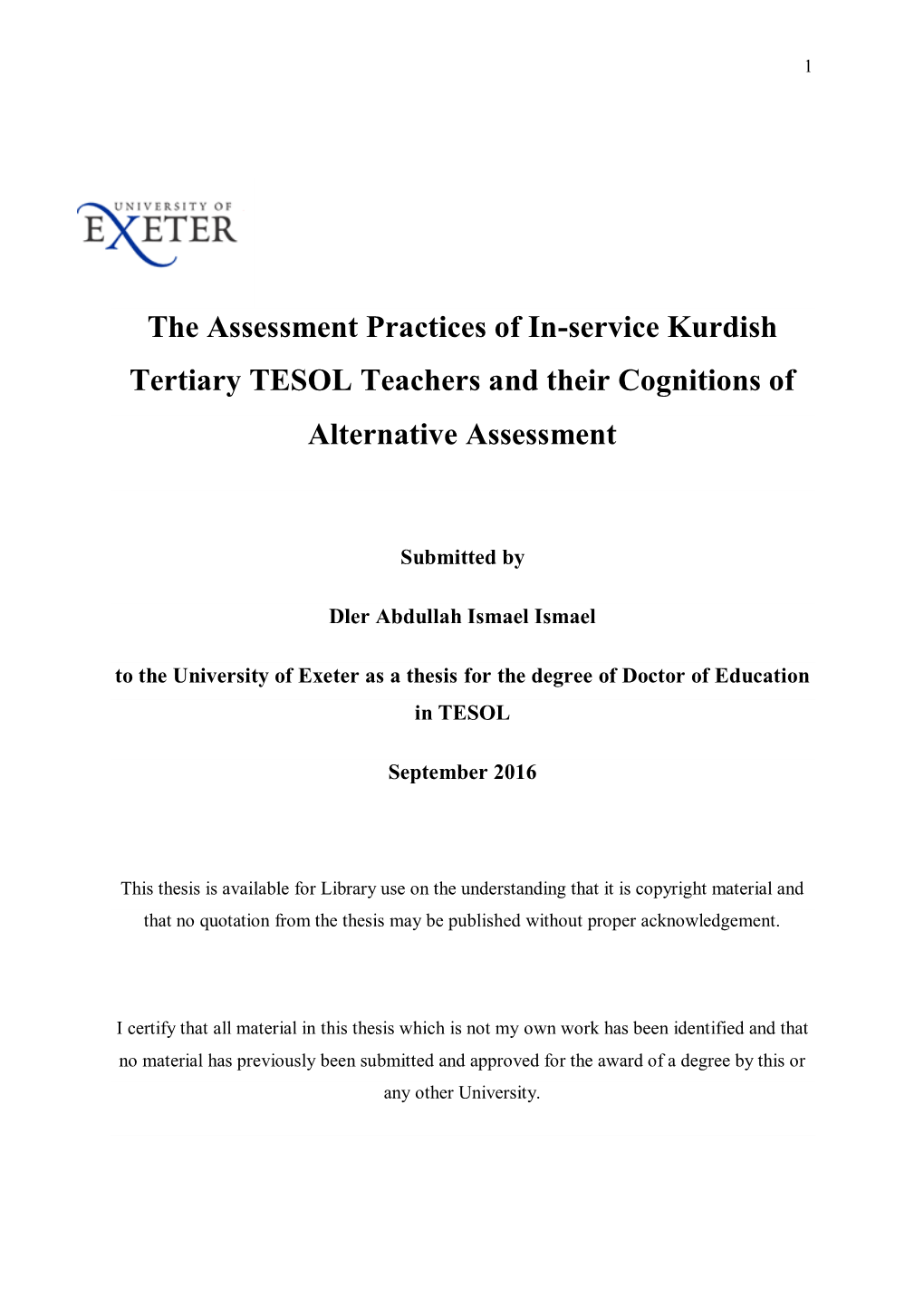 The Assessment Practices of In-Service Kurdish Tertiary TESOL Teachers and Their Cognitions of Alternative Assessment