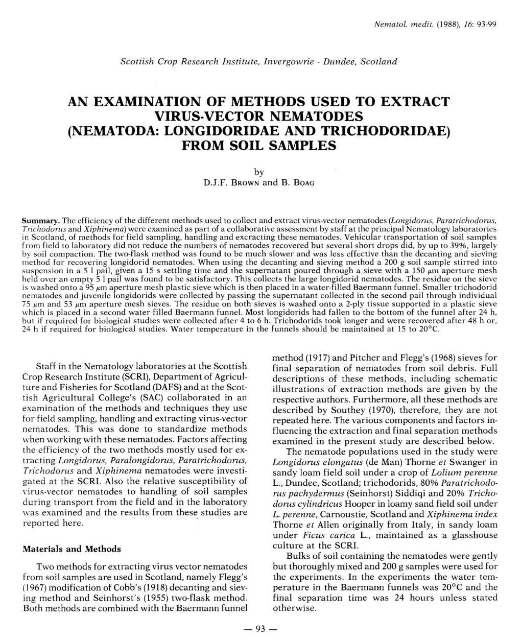 An Examination of Methods Used to Extract Virus-Vector Nematodes (Nematoda: Longidoridae and Trichodoridae) from Soil Samples