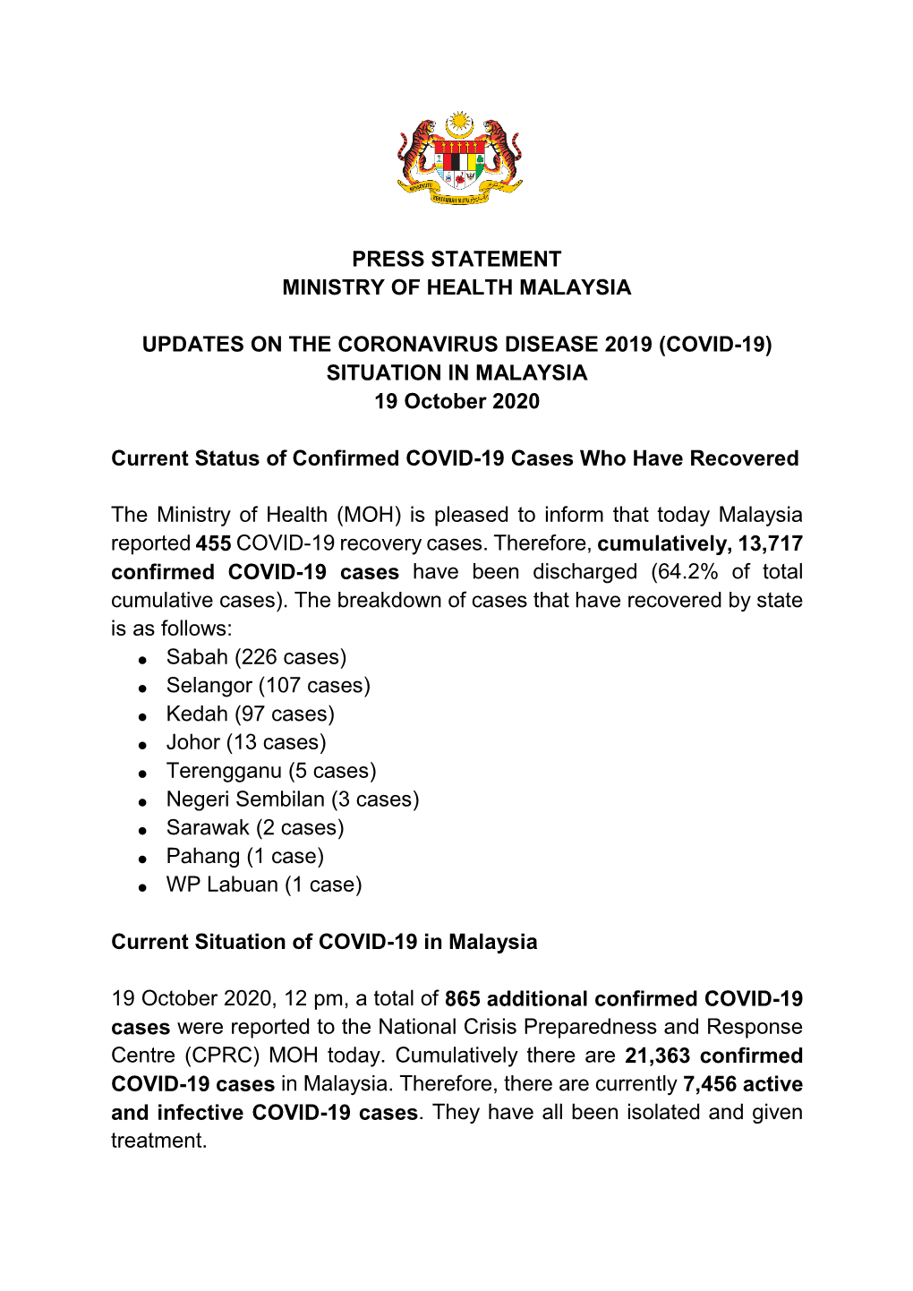 (COVID-19) SITUATION in MALAYSIA 19 October 2020