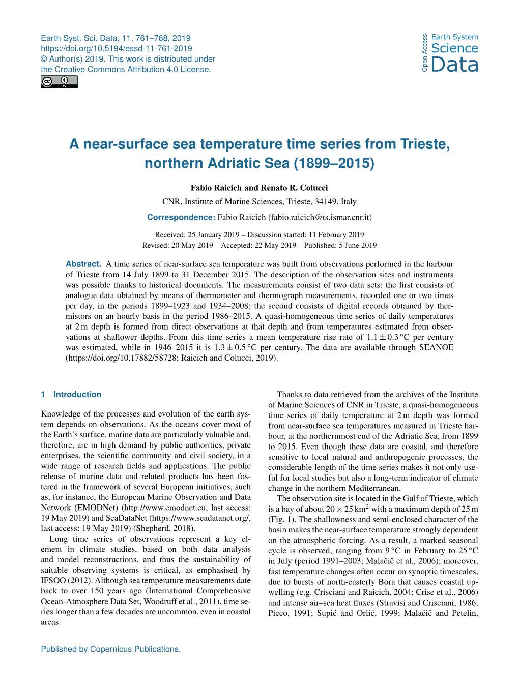 A Near-Surface Sea Temperature Time Series from Trieste, Northern Adriatic Sea (1899–2015)