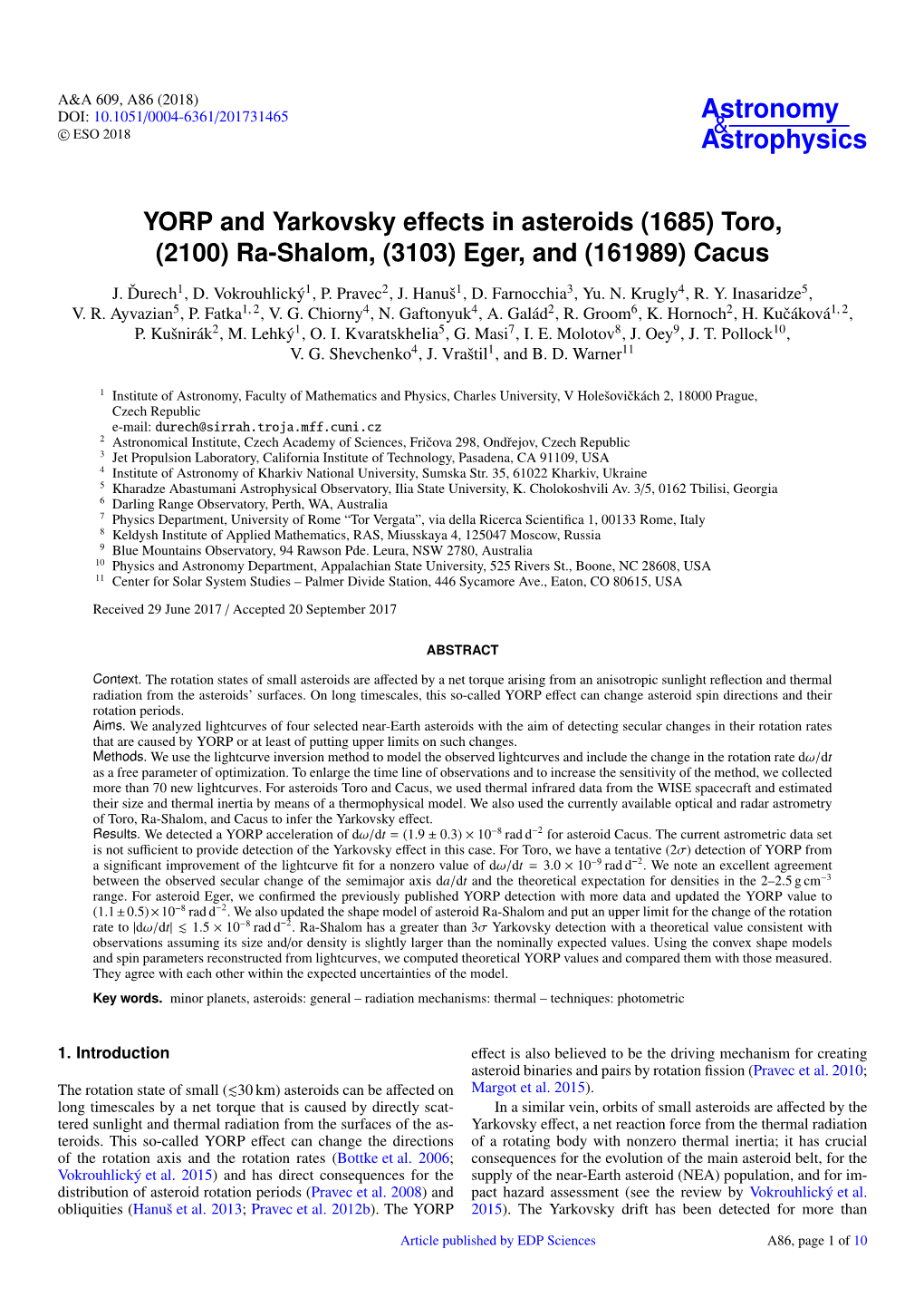 YORP and Yarkovsky Effects in Asteroids (1685) Toro, (2100) Ra-Shalom, (3103) Eger, and (161989) Cacus