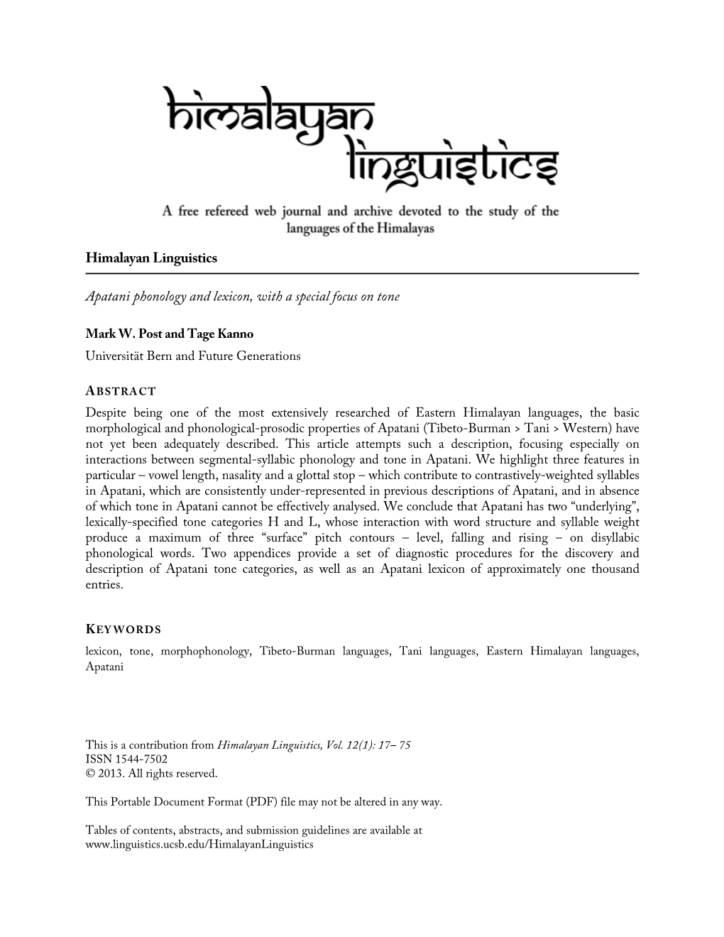 Himalayan Linguistics Apatani Phonology and Lexicon, with A