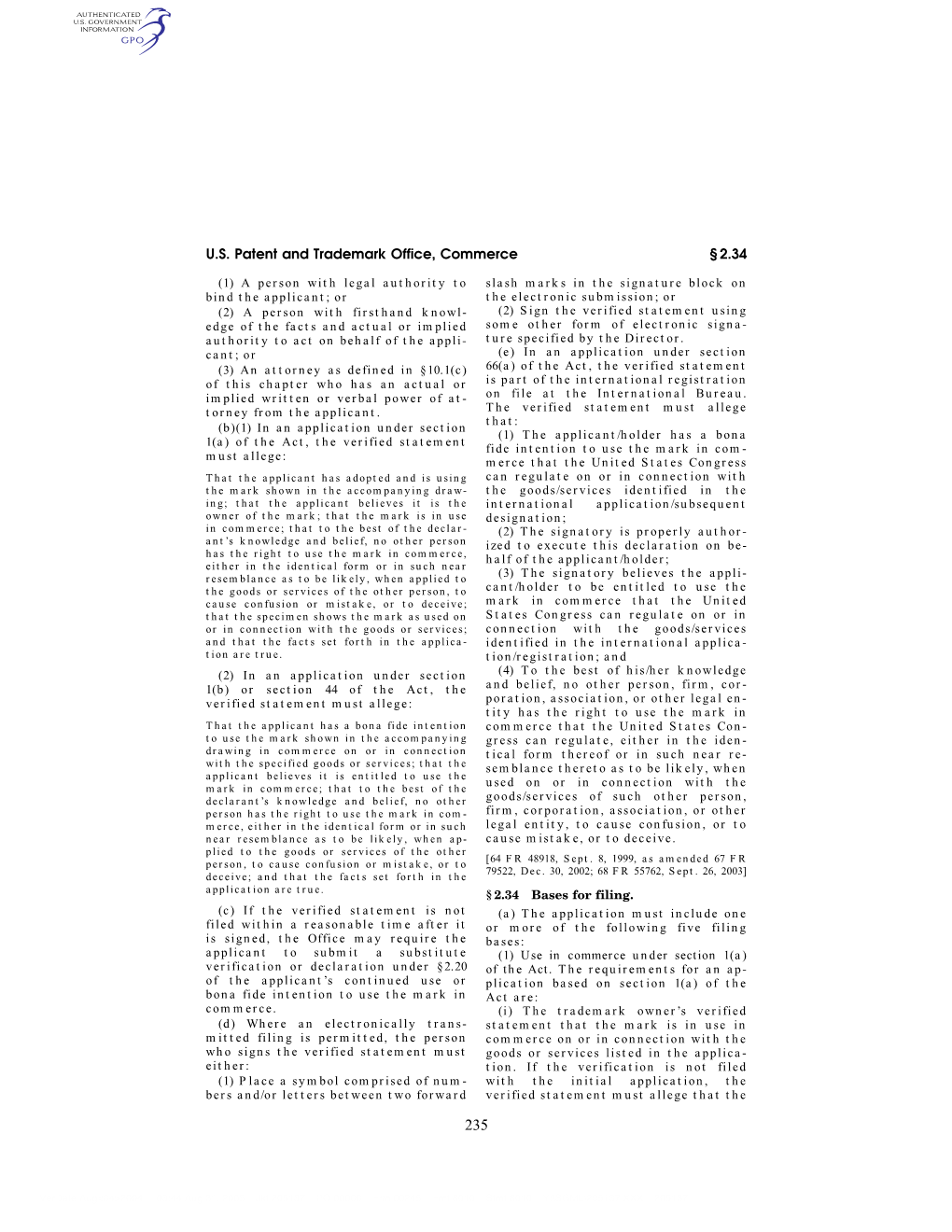 U.S. Patent and Trademark Office, Commerce § 2.34