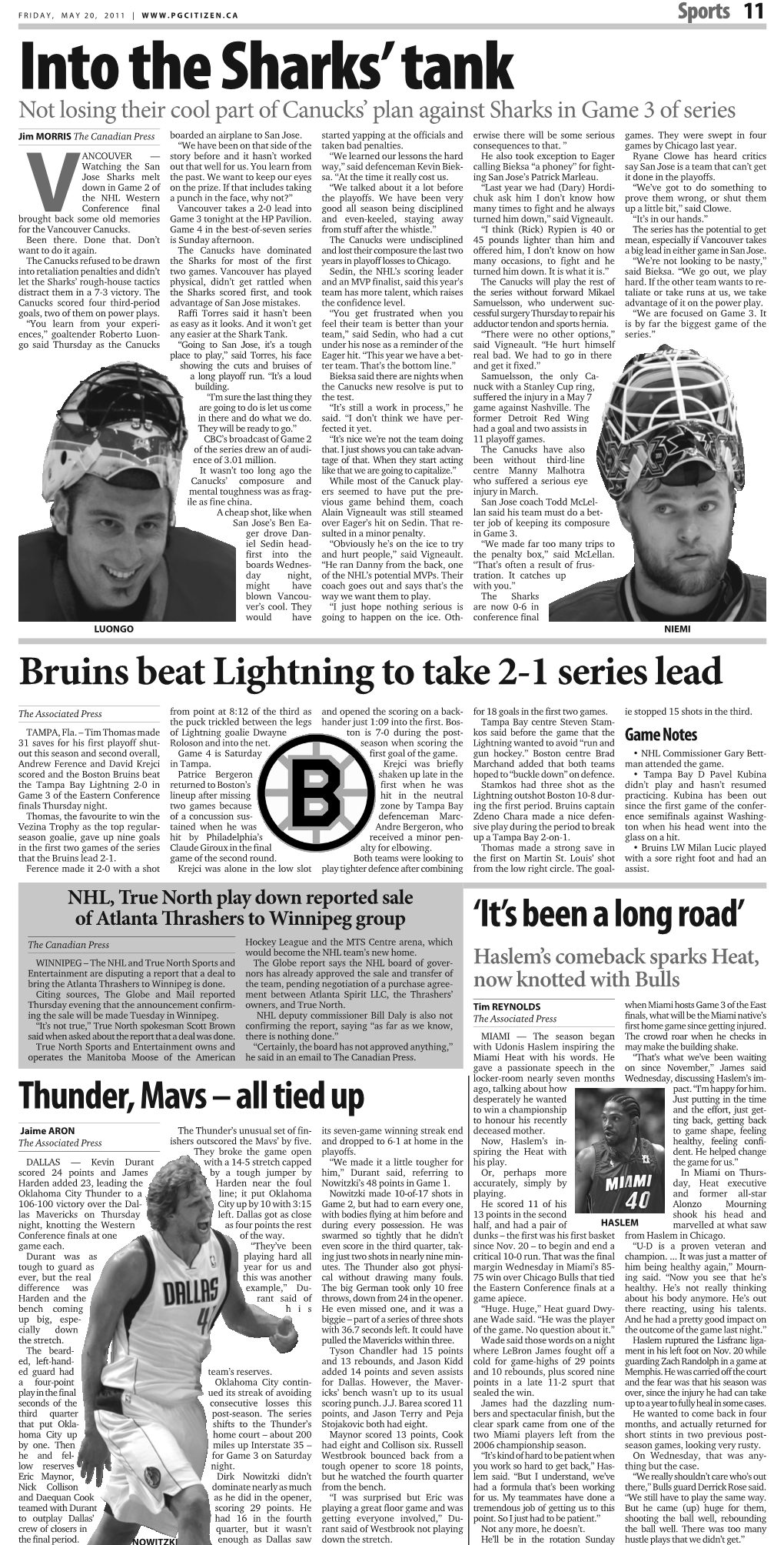 Bruins Beat Lightning to Take 2-1 Series Lead