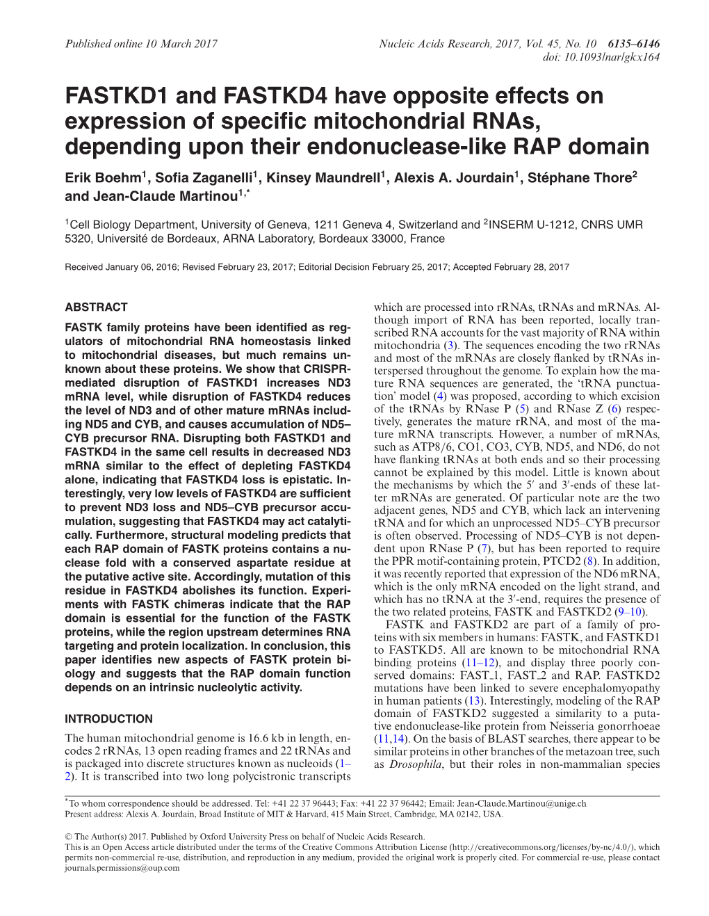 FASTKD1 and FASTKD4 Have Opposite Effects on Expression Of