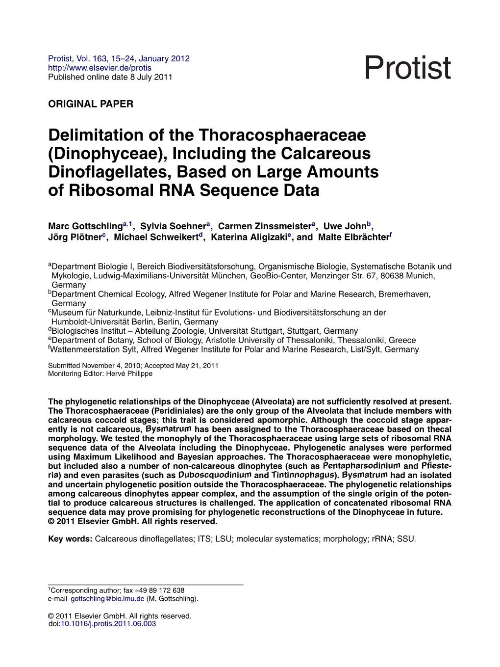 Dinophyceae), Including the Calcareous