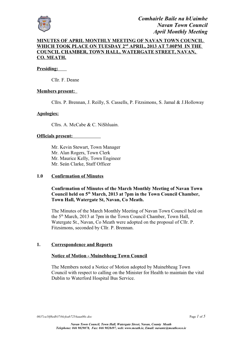 Minutes of March Monthly Meeting of Navan Town Council Which Took Place on Tuesday 1St