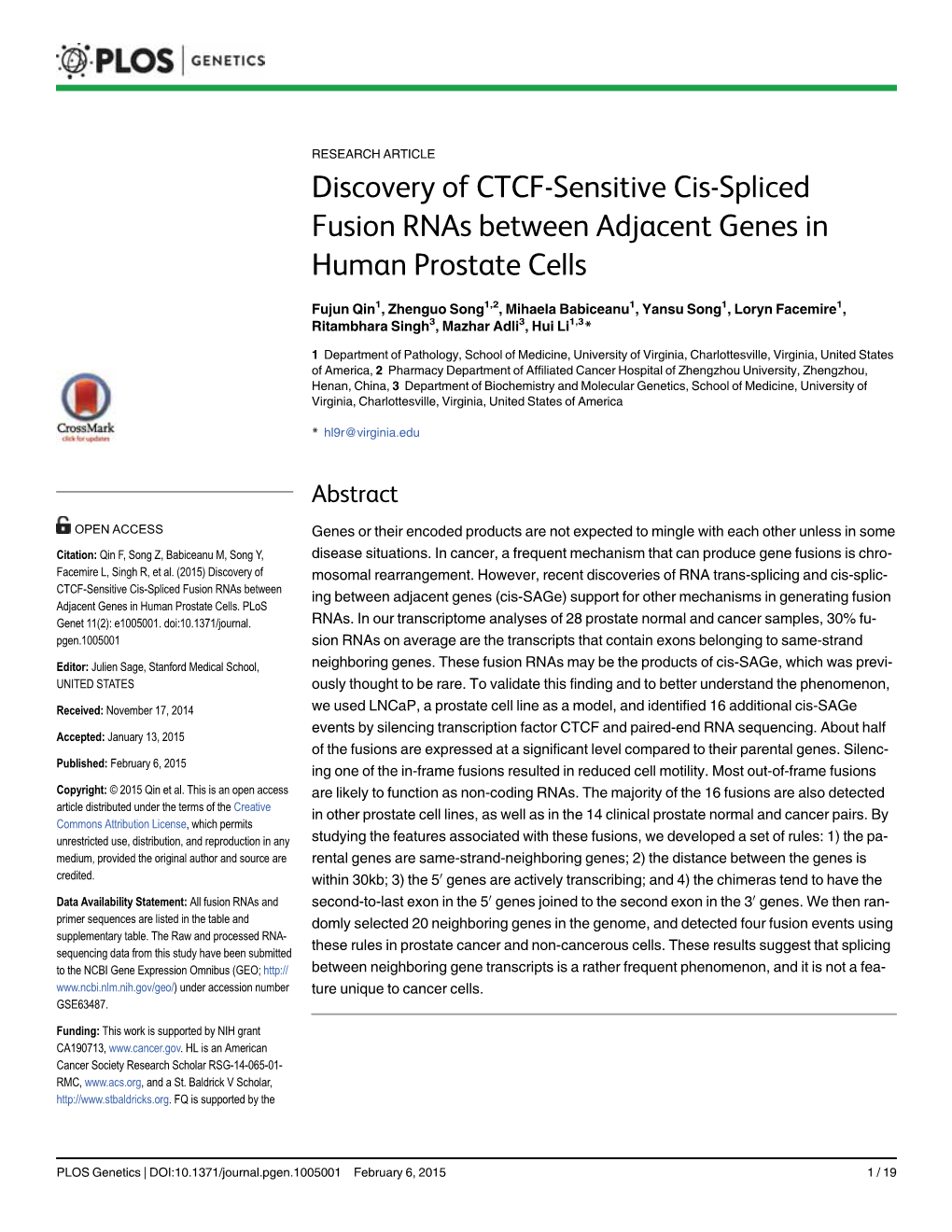 Discovery of CTCF-Sensitive Cis-Spliced Fusion Rnas Between Adjacent Genes in Human Prostate Cells
