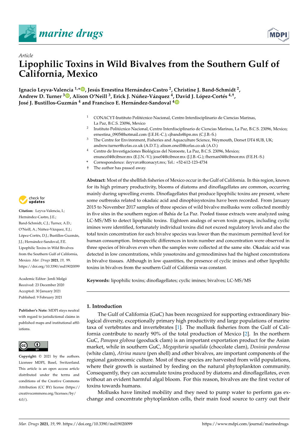 Lipophilic Toxins in Wild Bivalves from the Southern Gulf of California, Mexico
