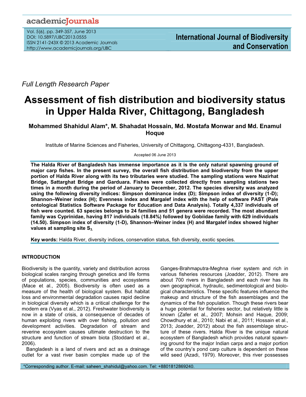 Assessment of Fish Distribution and Biodiversity Status in Upper Halda River, Chittagong, Bangladesh