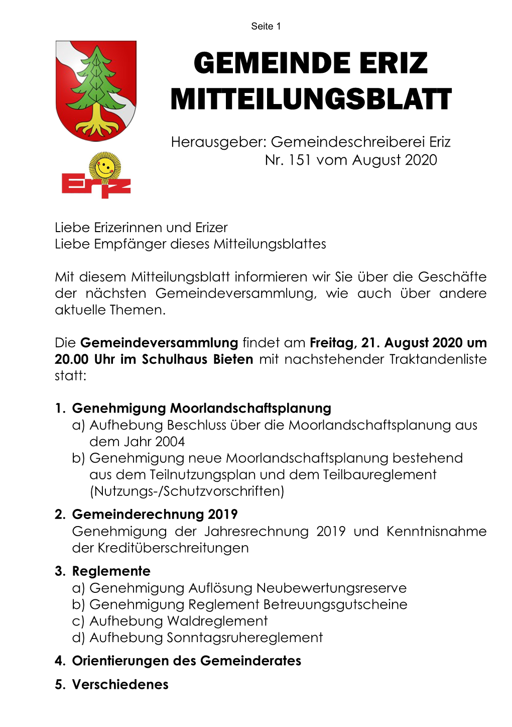 Gemeinde Eriz Mitteilungsblatt